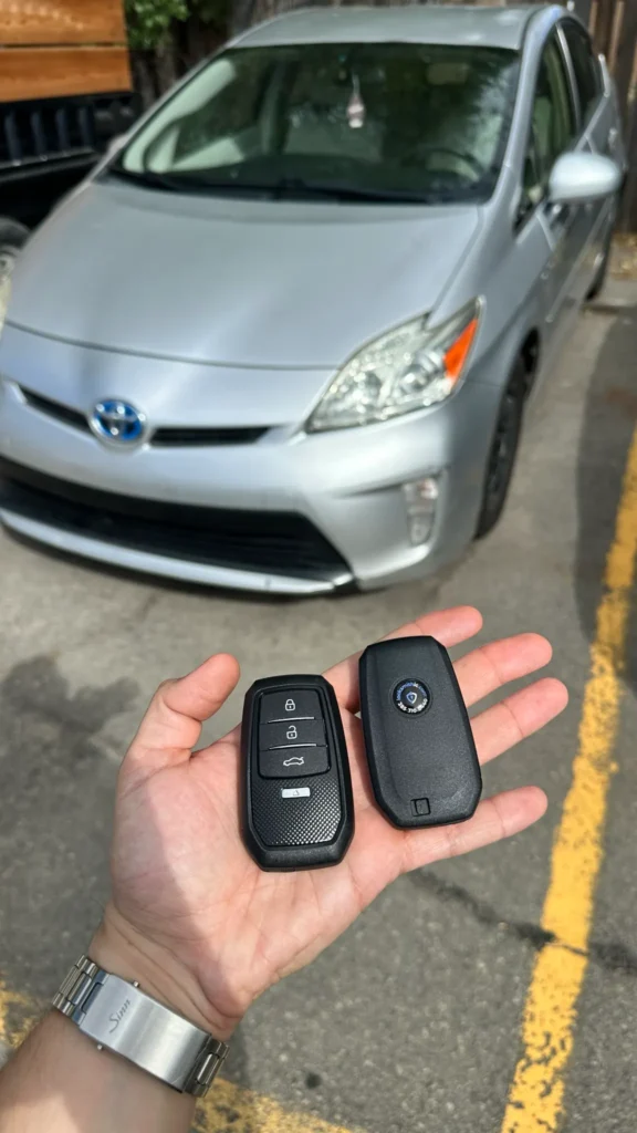 Two smart key fobs held in front of a silver Toyota Prius