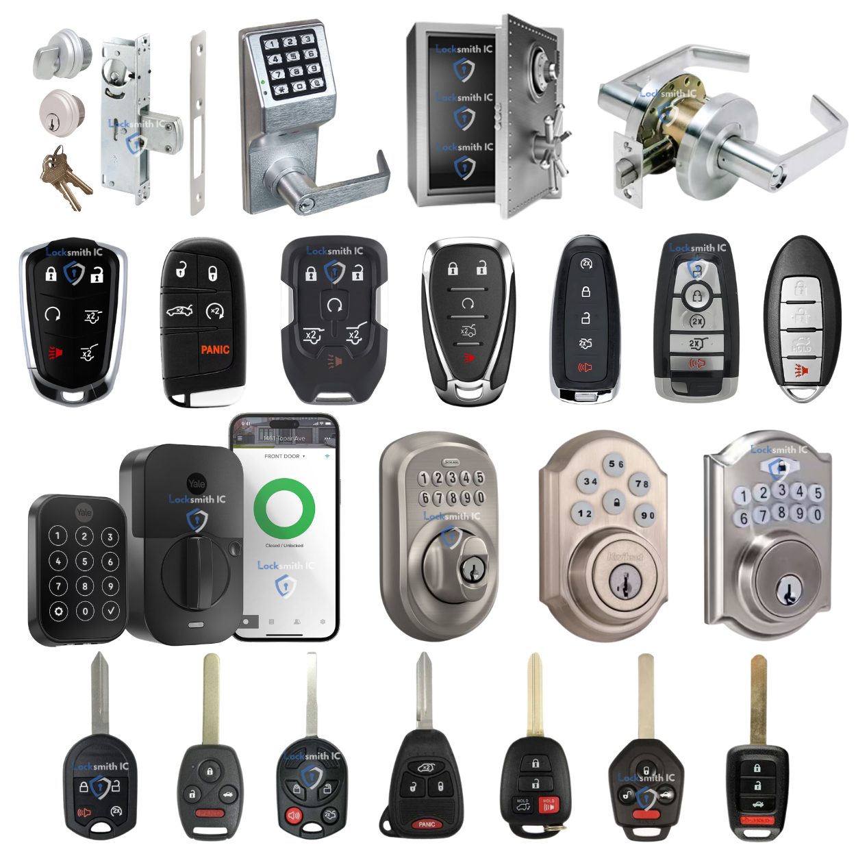 Locksmith IC service collage showing locks, keypads, safes, and car keys