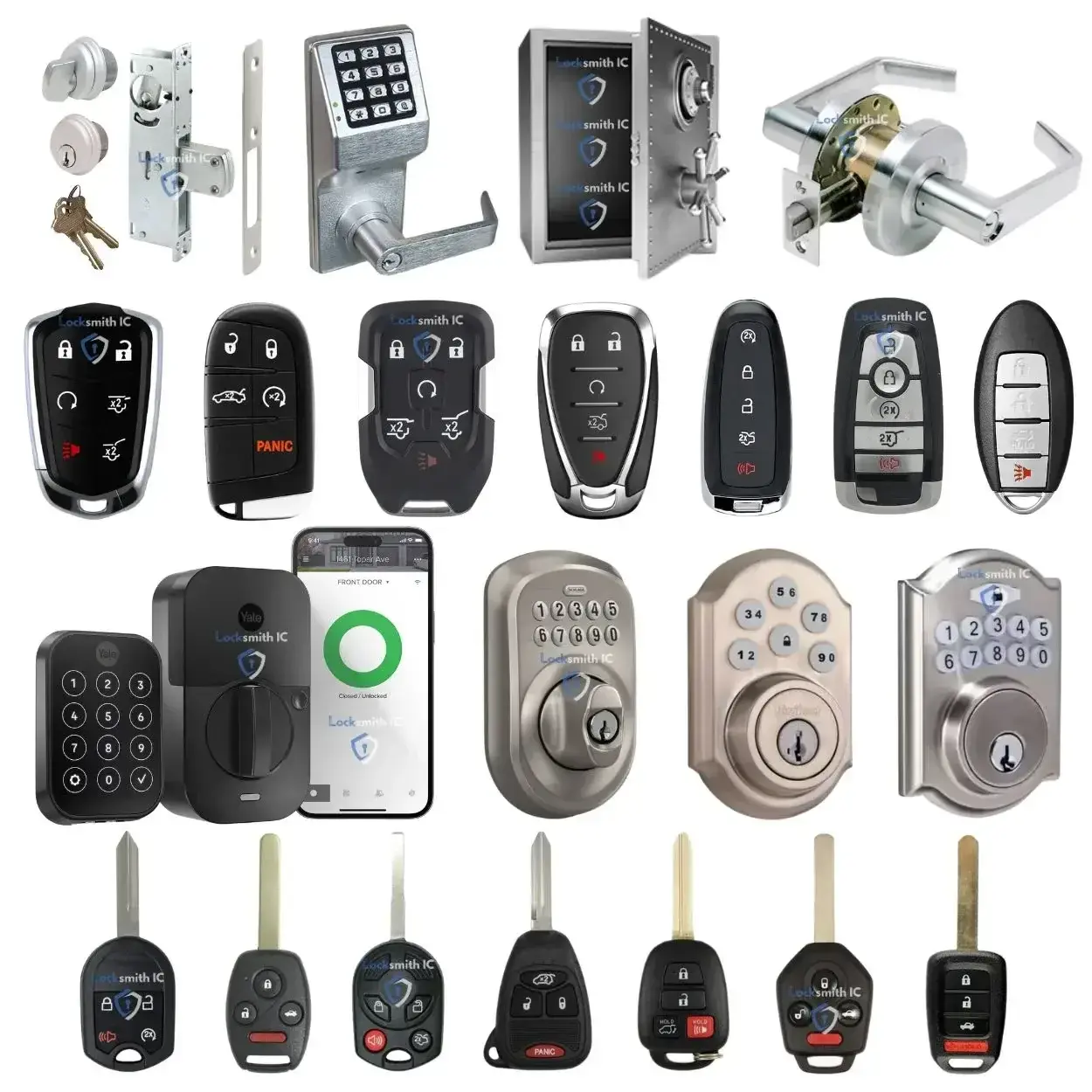 Locksmith IC service collage showing locks, keypads, safes, and car keys