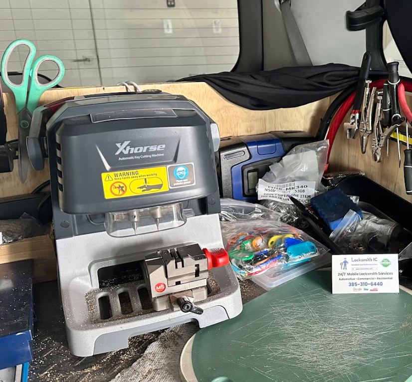 Xhorse key cutting machine and tools inside the Locksmith IC mobile workshop