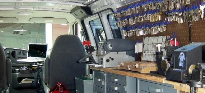 Mobile locksmith equipment inside the service van